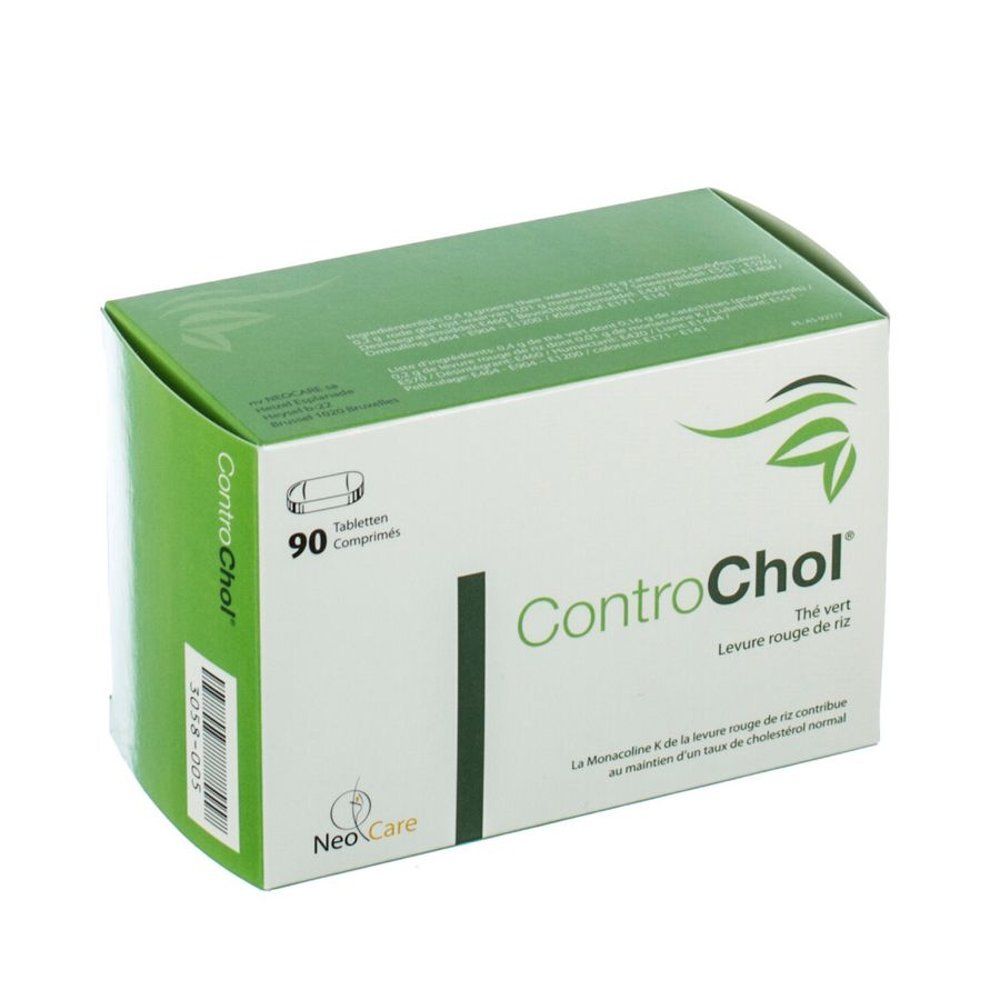 Boîte verte avec texte blanc. Contient 90 comprimés. Inscription: ControChol, Thé vert, Levure rouge de riz.