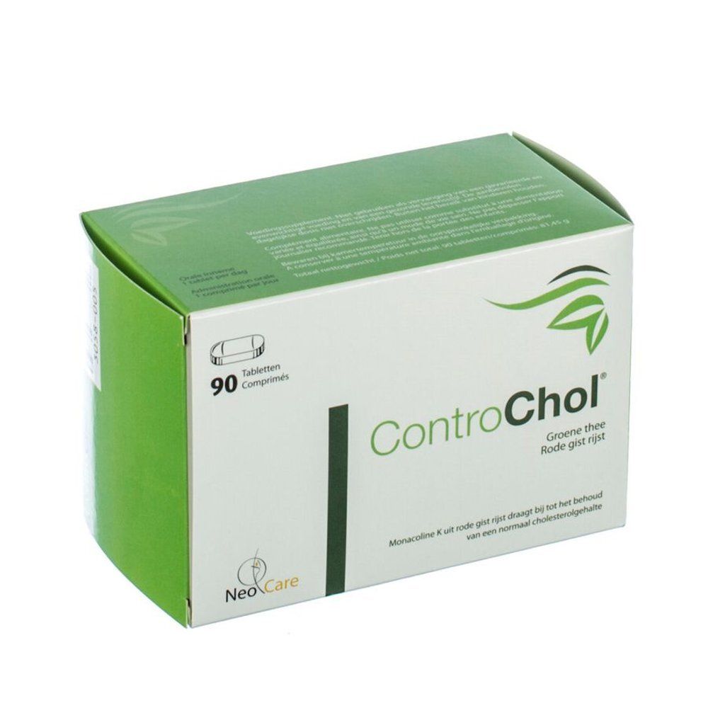 Groene doos met witte tekst. Bevat 90 tabletten. Opschrift: ControChol, Groene thee, Rode gist rijst.
