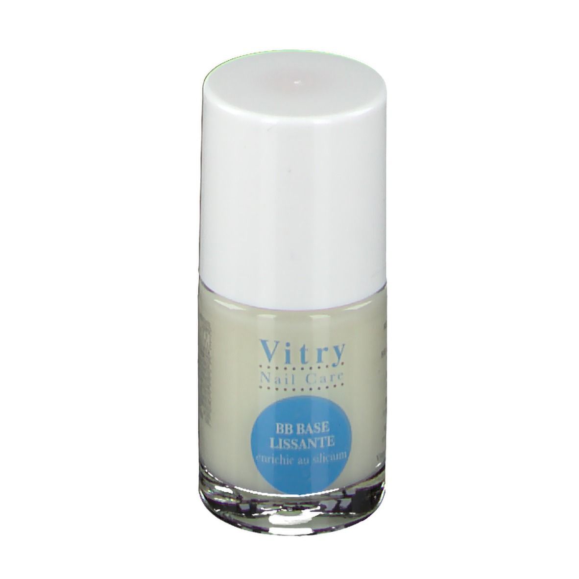Nagellakfles met witte dop. Blauwe sticker met tekst: BB BASE lissante enrichie en silicium. Vitry Nail Care.