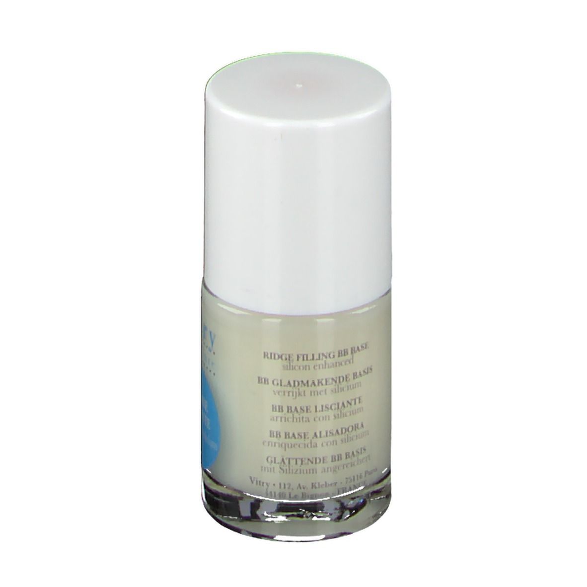 Nagellakfles met witte dop. Opschrift: RIDGE FILLING BB BASE, BB BASE LISCIANTE, BB BASE ALISADORA, GLÄTTENDE BB BASIS.