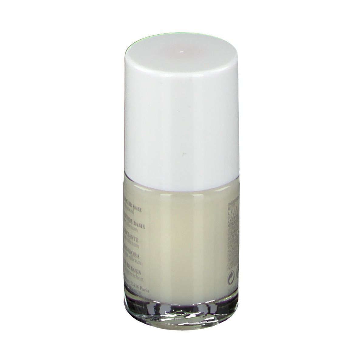 Nagellakfles met witte dop. Opschrift: RIDGE FILLING BB BASE, BB BASE LISCIANTE, BB BASE ALISADORA, GLÄTTENDE BB BASIS.