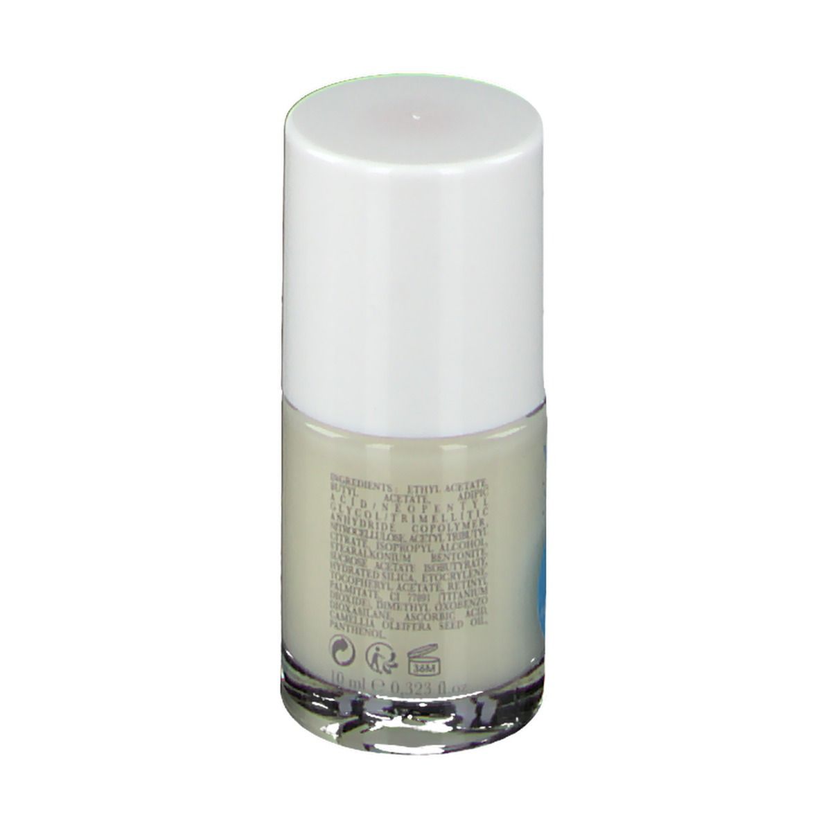 Nagellakfles met witte dop. Opschrift: Ingrediënten, 10 ml, 12M. Vitry Nail Care.