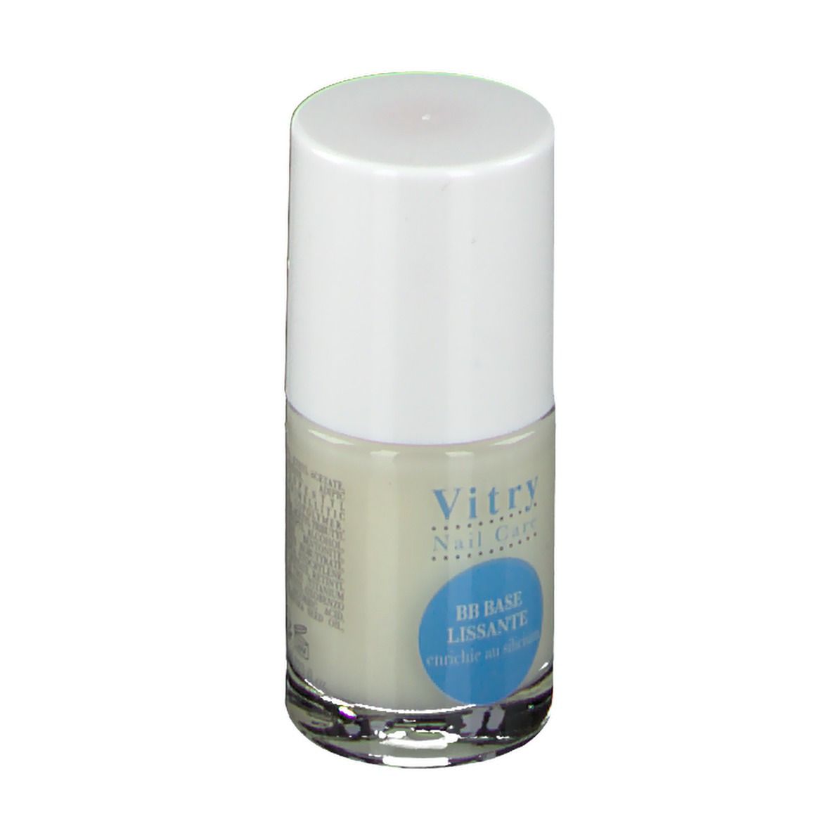 Nagellakfles met witte dop. Blauwe sticker met tekst: BB BASE lissante enrichie en silicium. Vitry Nail Care.