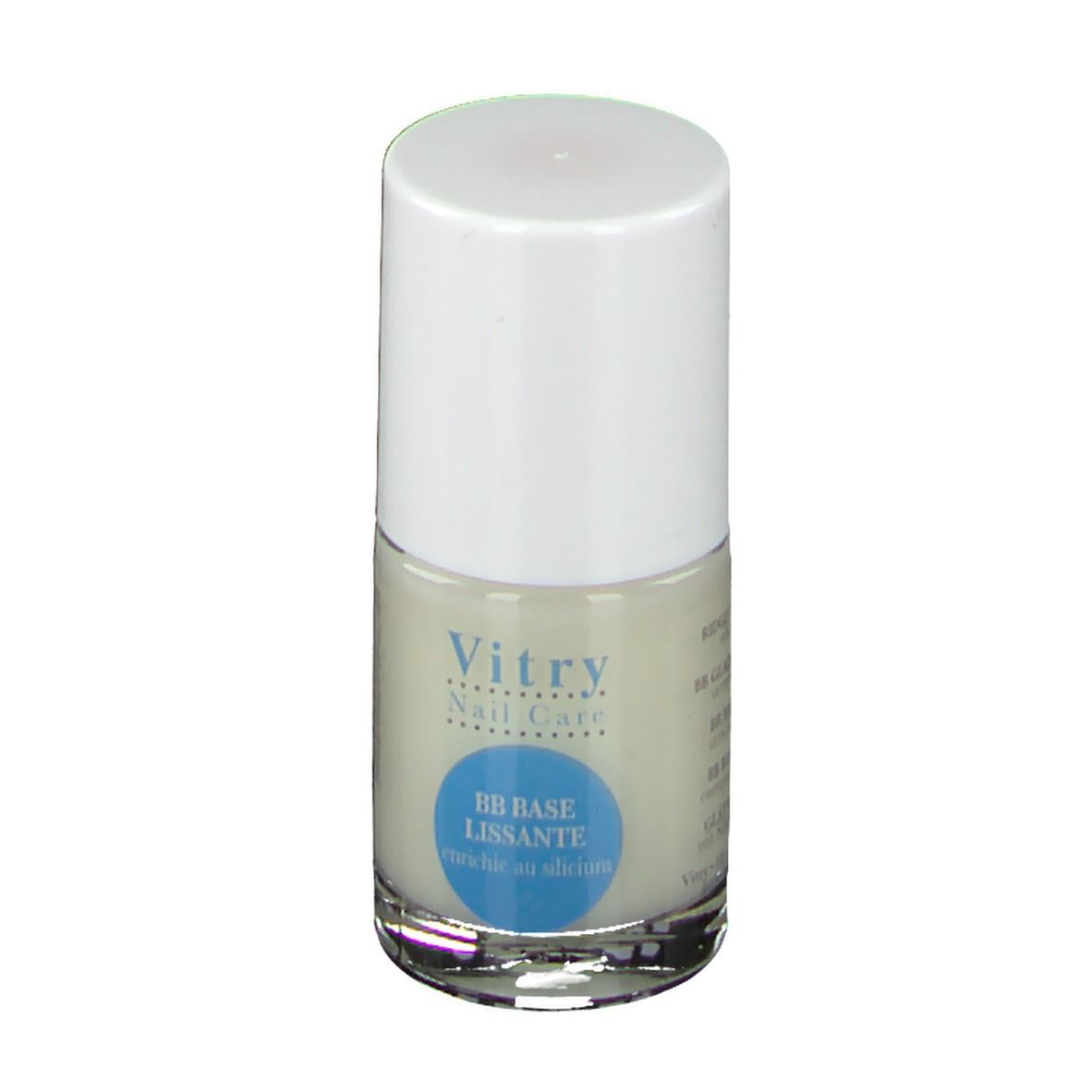 Nagellakfles met witte dop. Blauwe sticker met tekst: BB BASE lissante enrichie en silicium. Vitry Nail Care.