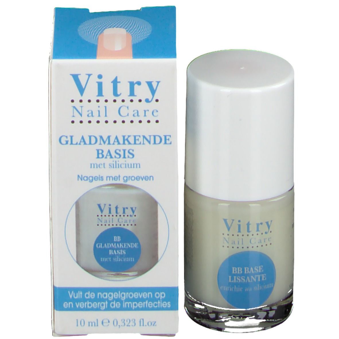 Nagellakfles en verpakking. Opschrift: Vitry Nail Care, GLADMAKENDE BASIS met silicium. 10 ml.