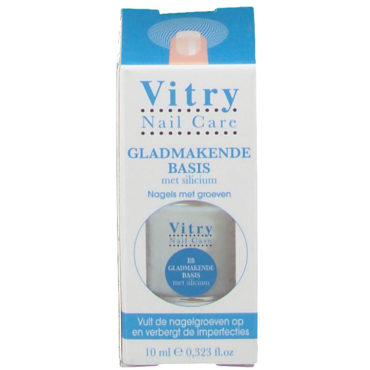 Verpakking. Opschrift: Vitry Nail Care, GLADMAKENDE BASIS met silicium. 10 ml.