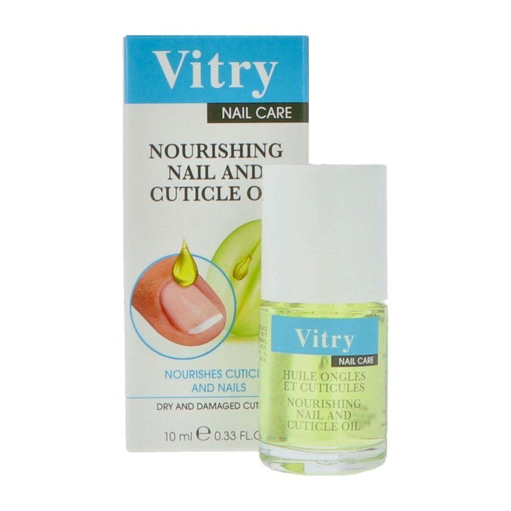 Fles en verpakking. Verpakking met opschrift: Vitry Nail Care, Nourishing Nail and Cuticle Oil, 10 ml.