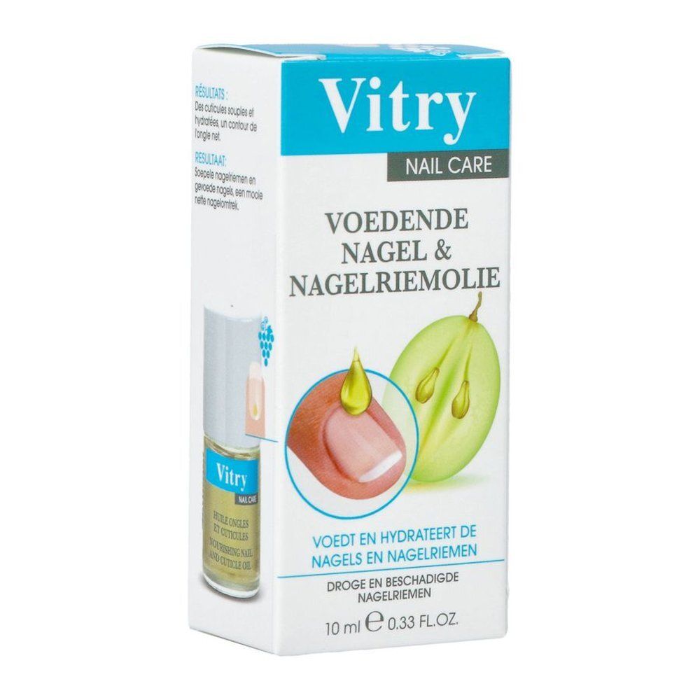 Productverpakking. Opschrift: Vitry Nail Care, Voedende nagel & nagelriemolie, 10 ml. Illustratie van nagel en druif.