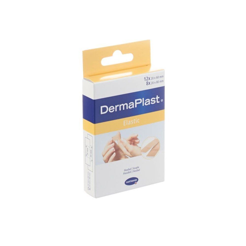 Verpakking met pleisters. Merk Dermaplast Elastic. Blauwe, gele en witte kleuren. Afbeelding van handen die een pleister aanbrengen. Tekst zichtbaar.