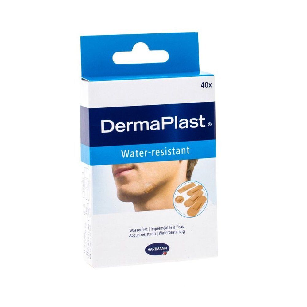 Verpakking pleisters. Blauw-witte doos met productnaam en illustratie. 40 stuks.