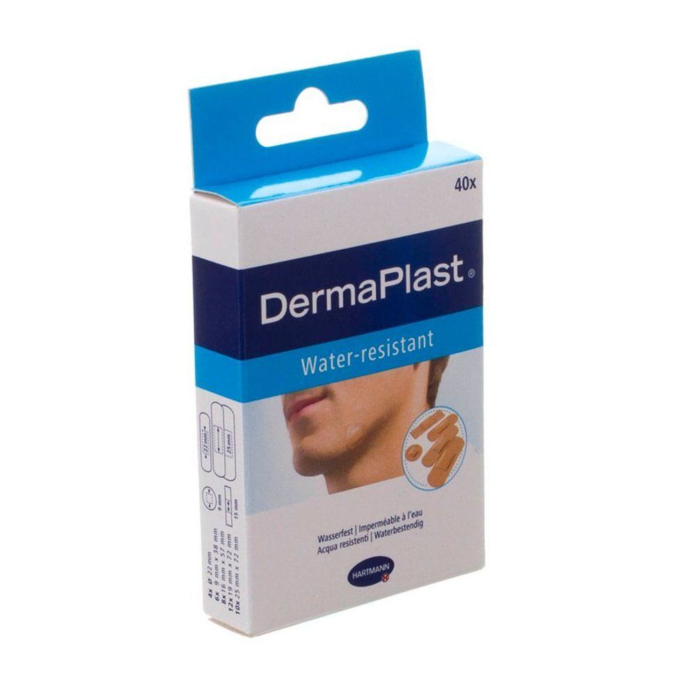 Verpakking pleisters. Blauw-witte doos met productnaam en illustratie. 40 stuks.