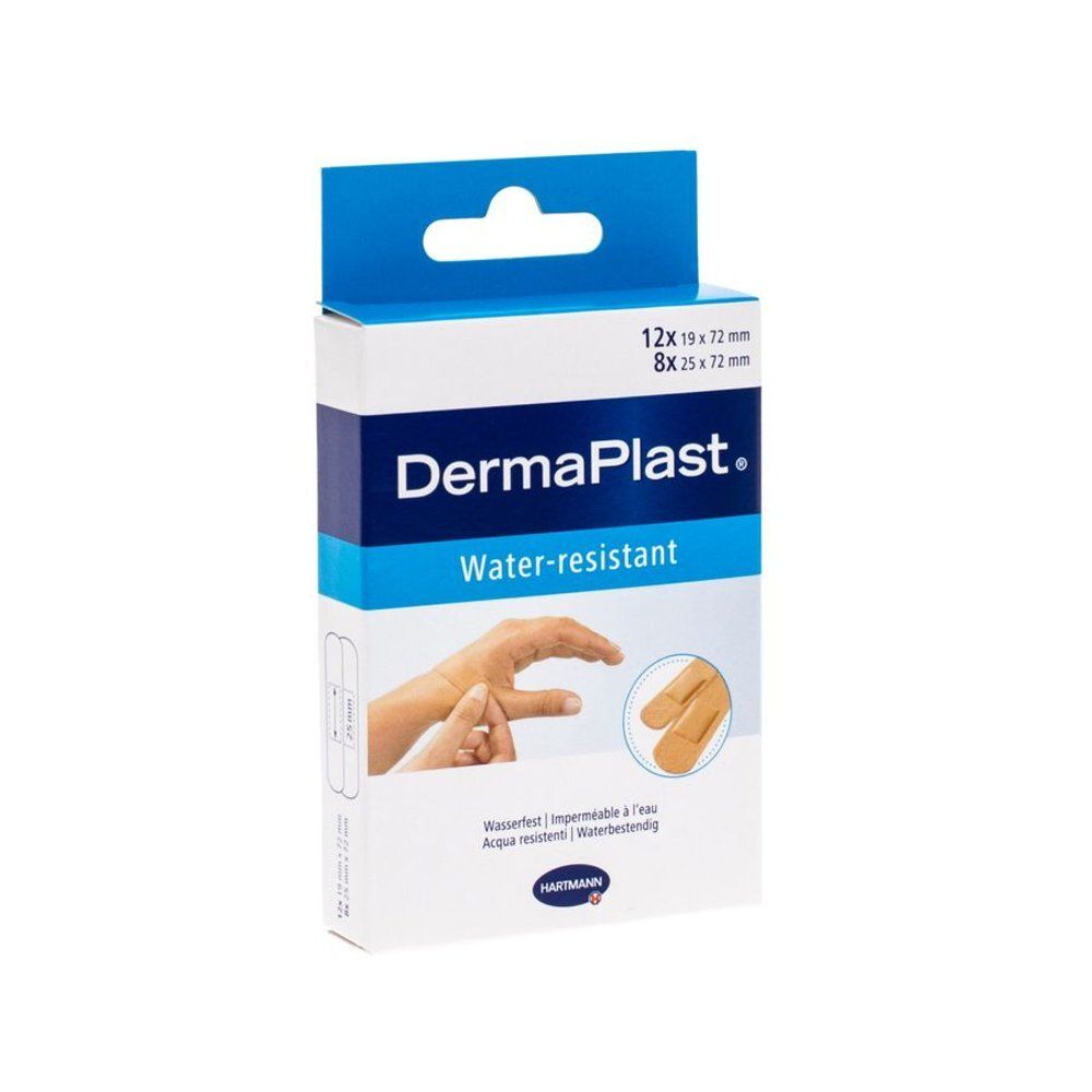 Boîte de pansements Dermaplast Water-resistant. Boîte blanche et bleue avec nom du produit et tailles. Logo Hartmann.