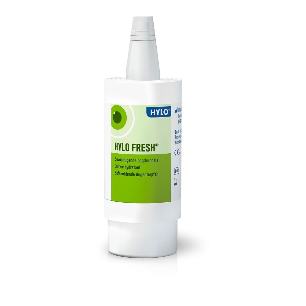 HYLO FRESH oogdruppels fles met groene oogillustratie.