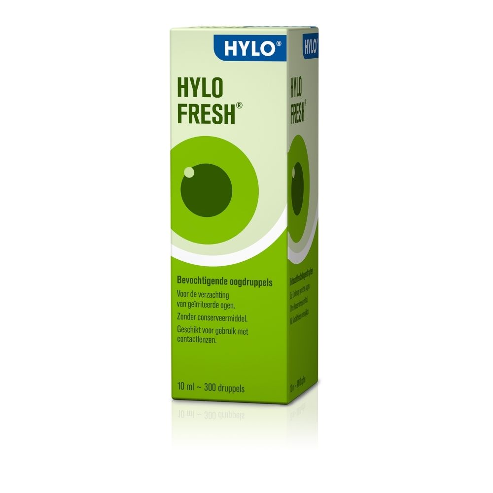 Boîte Hylo-Fresh gouttes oculaires. Inscription française sur la face avant avec motif oculaire.