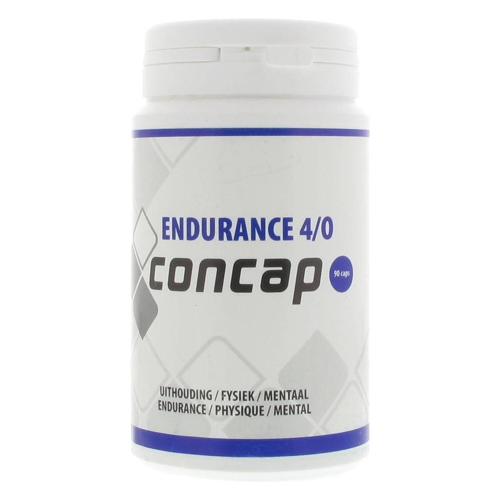 Flacon blanc avec bande bleue et couvercle. Inscription "ENDURANCE 4/0" et "concap". Texte en dessous : "UITHOUTING / FYSIEK / MENTAAL".