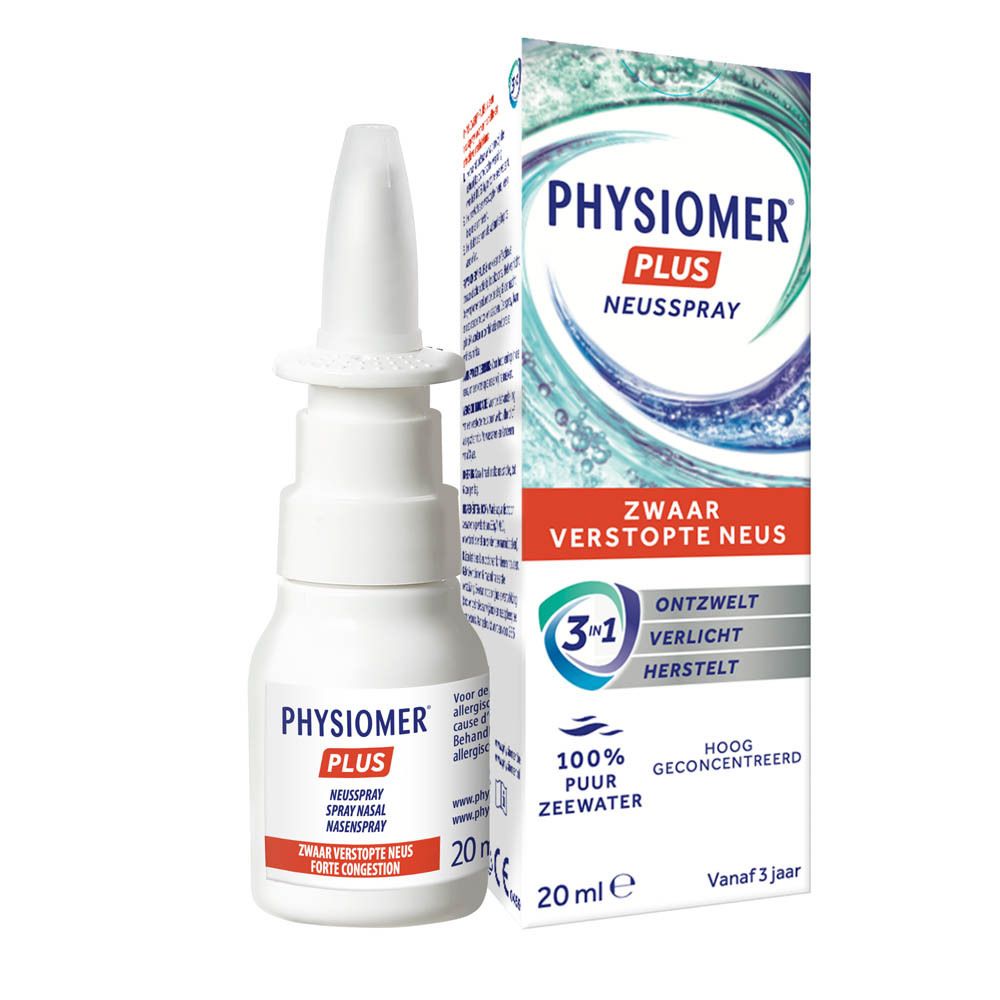 PHYSIOMER Sinus Spray Neusspray met verpakking. Nederlandse belettering, golfmotief.