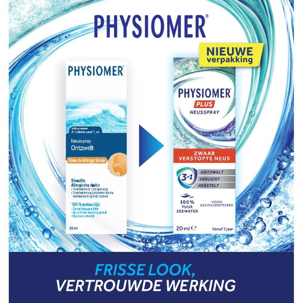 PHYSIOMER Sinus Spray Neusspray. Nederlandse belettering op witte fles.
