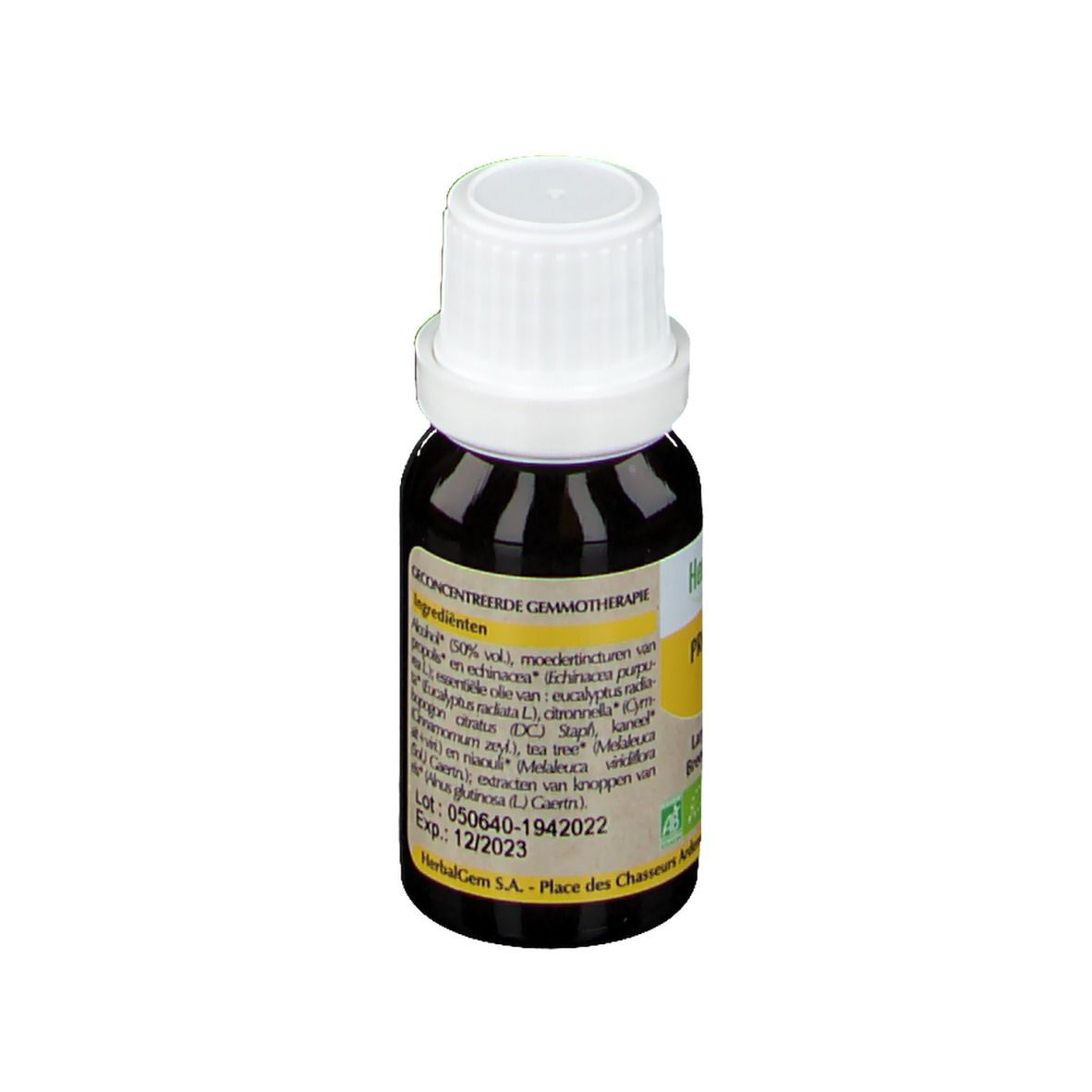 Bruine glazen fles met witte dop. Etiket met ingrediënten en HerbalGem-logo.