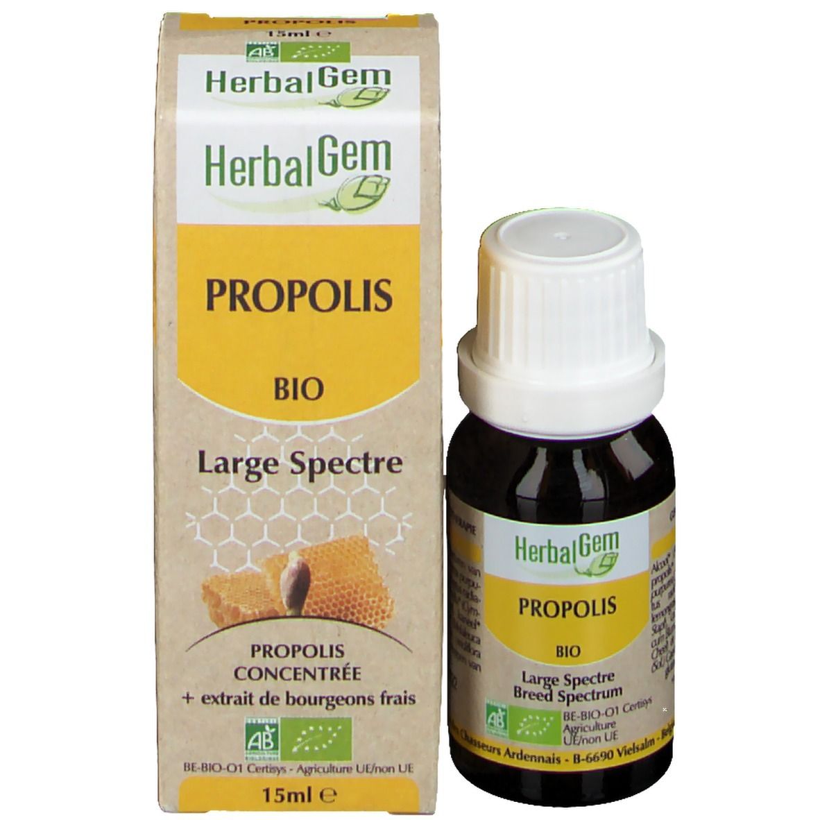 Fles en doos. Doos met HerbalGem, Propolis, BIO-certificering en honingraat illustratie.