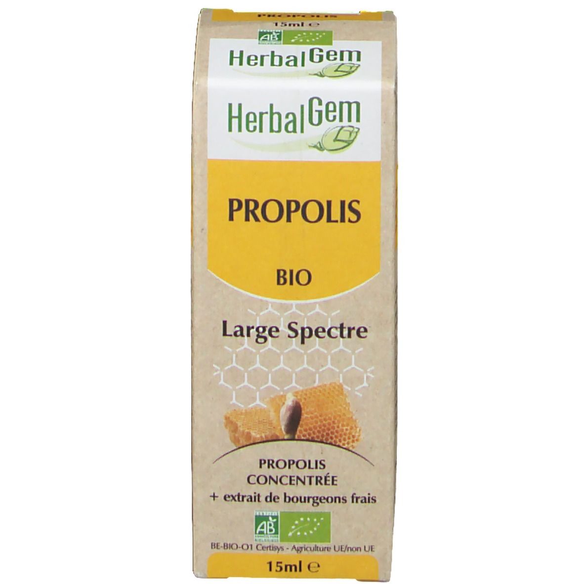 Productverpakking. Doos met HerbalGem, Propolis, BIO-certificering en honingraat illustratie.