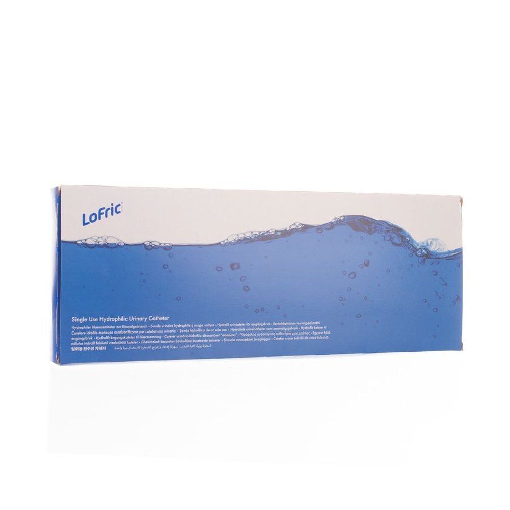 Kartonnen verpakking met blauw golfpatroon. Opschrift "LoFric". Tekst: "Single Use Hydrophilic Urinary Catheter".