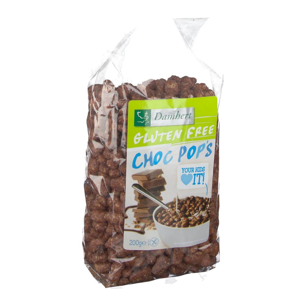 Transparante zak met glutenvrije Choc Pops. Etiket met productnaam, logo en afbeelding van chocoladerepen en ontbijtgranen in een kom.