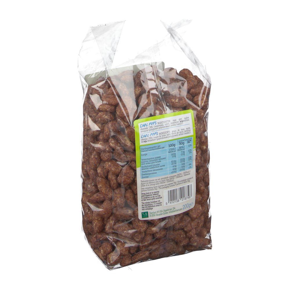 Achterkant van een transparante zak met glutenvrije Choc Pops. Etiket met voedingsinformatie en productinformatie.
