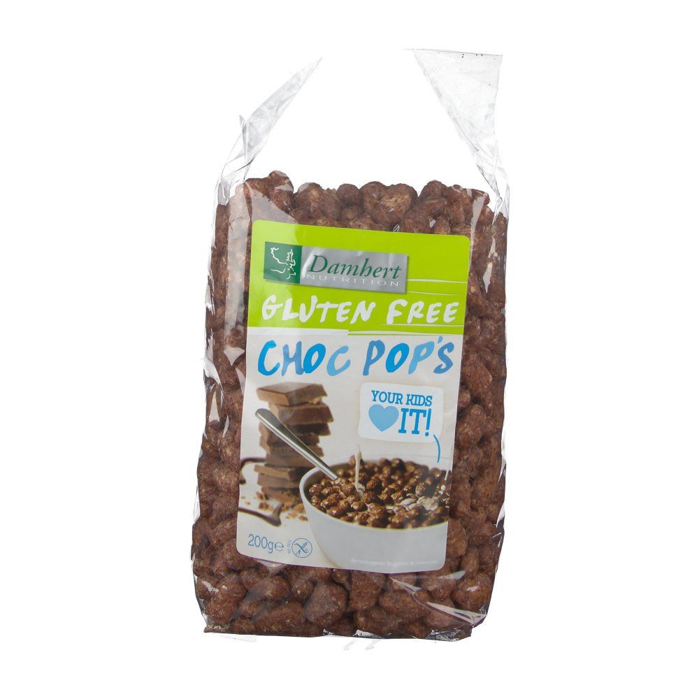 Transparante zak met glutenvrije Choc Pops. Etiket met productnaam, logo en afbeelding van chocoladerepen en ontbijtgranen in een kom.