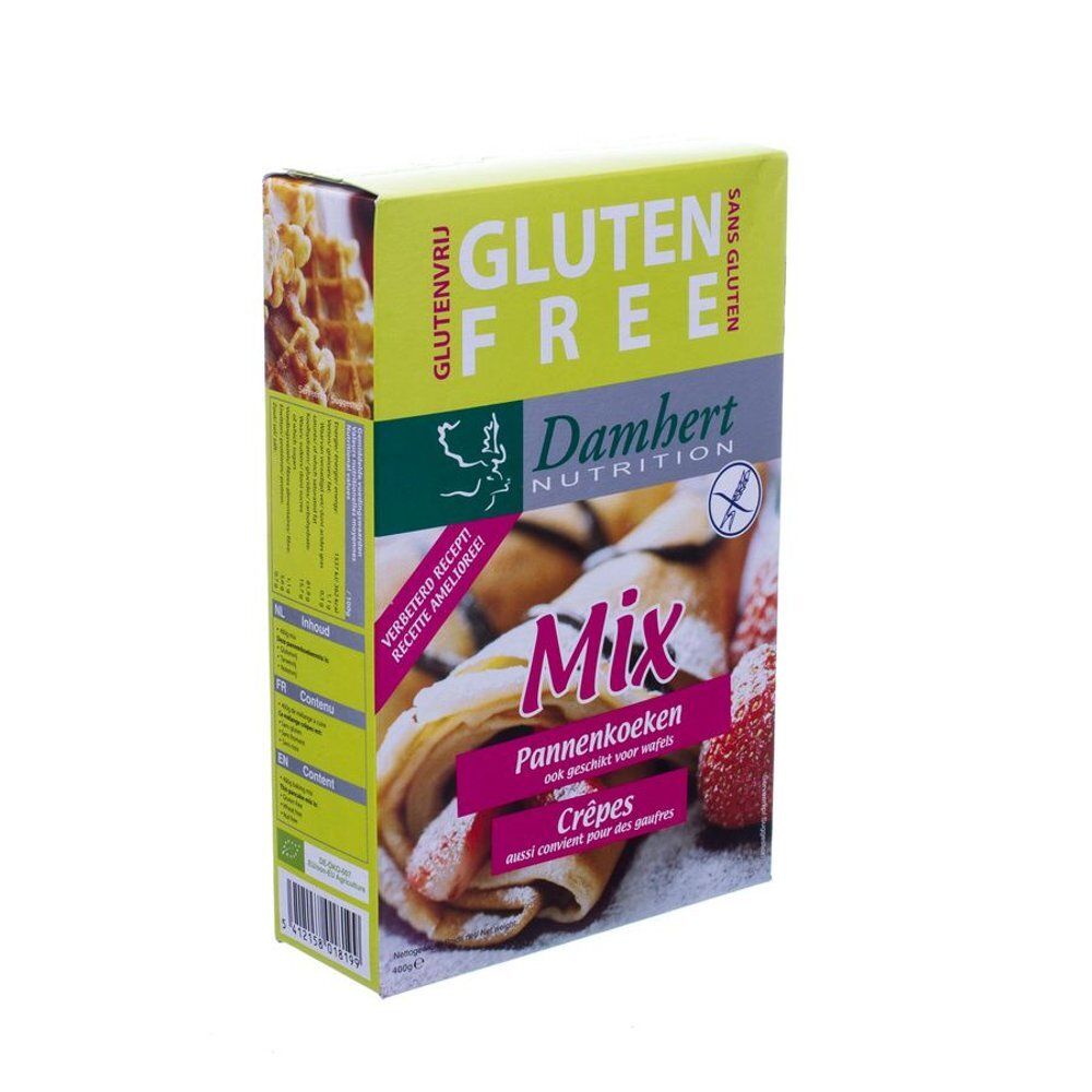 Zijaanzicht van de Damhert Pannenkoeken Crêpes Mix verpakking met bereidingssymbolen.