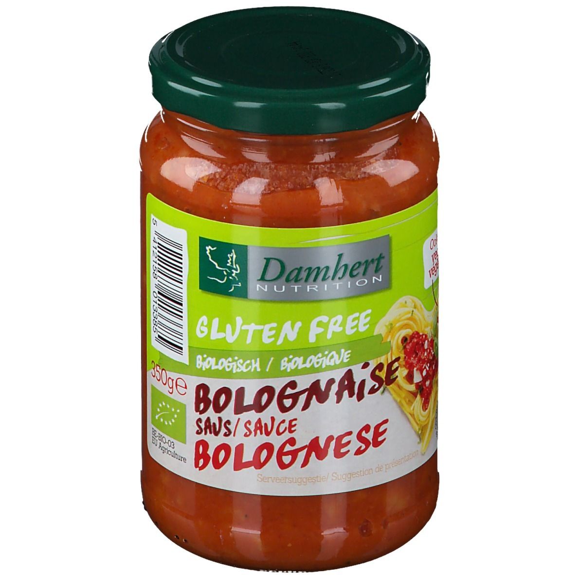 Pot Bolognese saus. Groen-wit etiket met logo, tekst 'Gluten Free' en 'Bolognaise'.