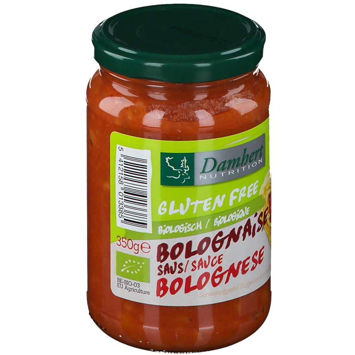 Pot Bolognese saus. Groen etiket met logo, tekst 'Gluten Free' en 'Bolognaise'. 350g.