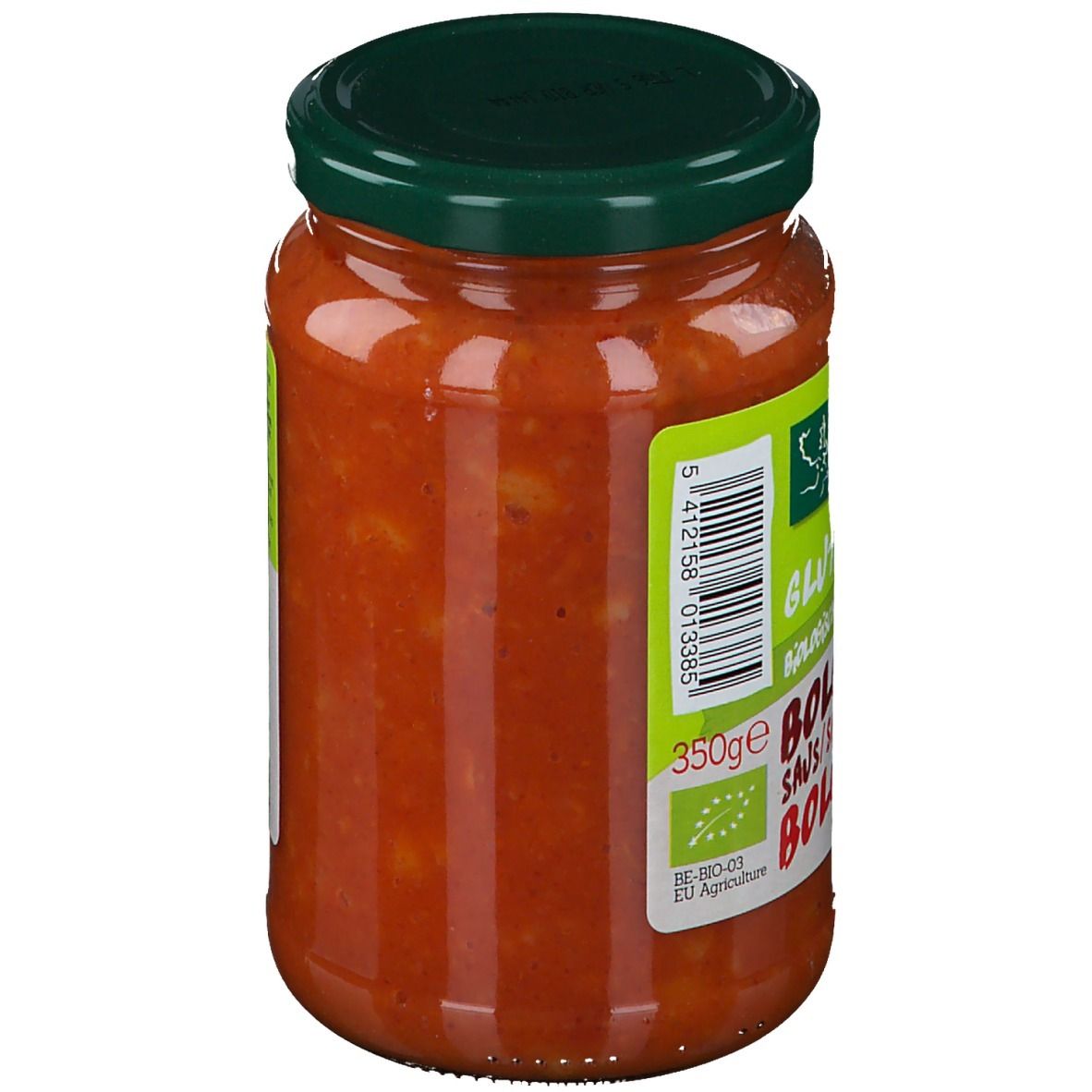 Pot Bolognese saus. Groen etiket met logo, tekst 'Gluten Free' en 'Bolognaise'. 350g.