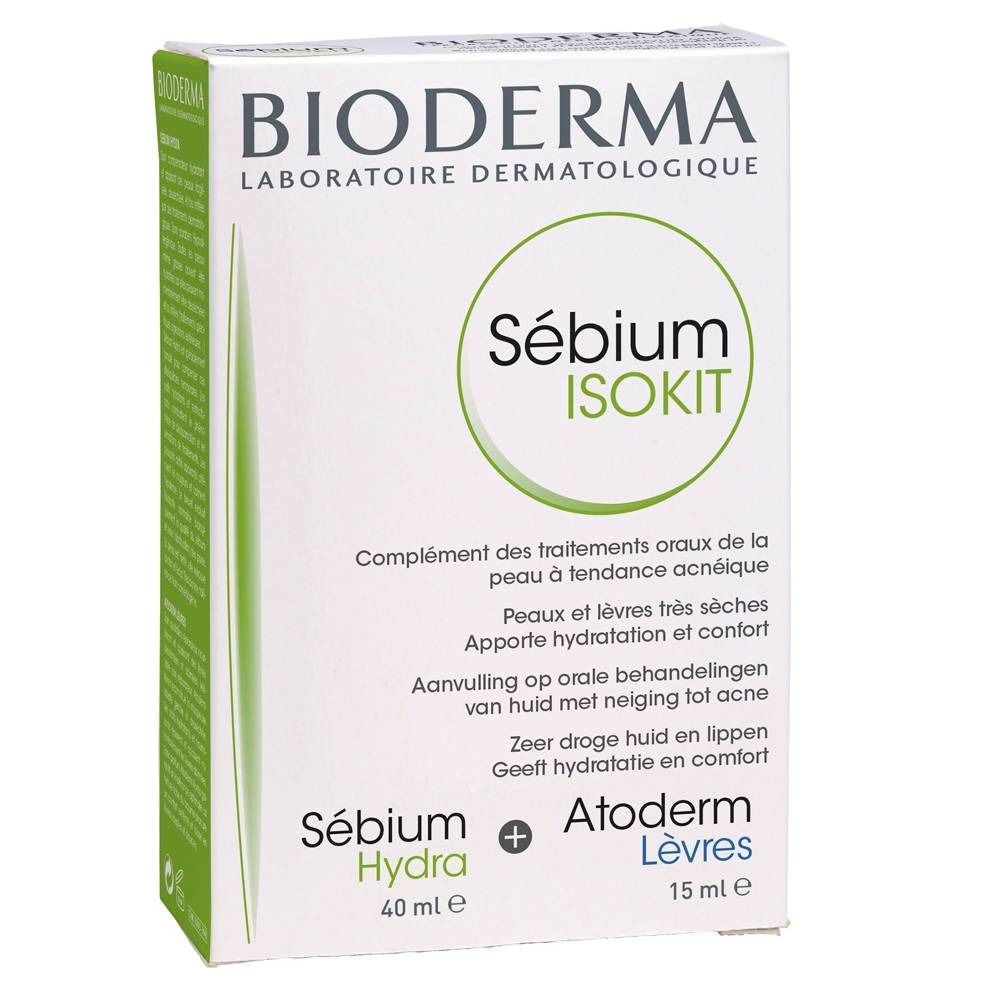 Witte doos met groene accenten. Opschrift: BIODERMA, Sébium ISOKIT. Bevat Sébium Hydra 40 ml en Atoderm Lèvres 15 ml.