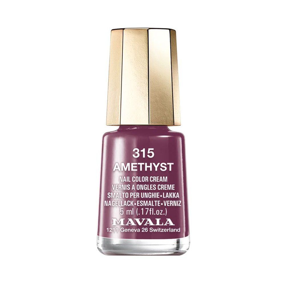 Amethistkleurige nagellakfles. Gouden dop. Opschrift: 315 AMETHYST, MAVALA. 5 ml.
