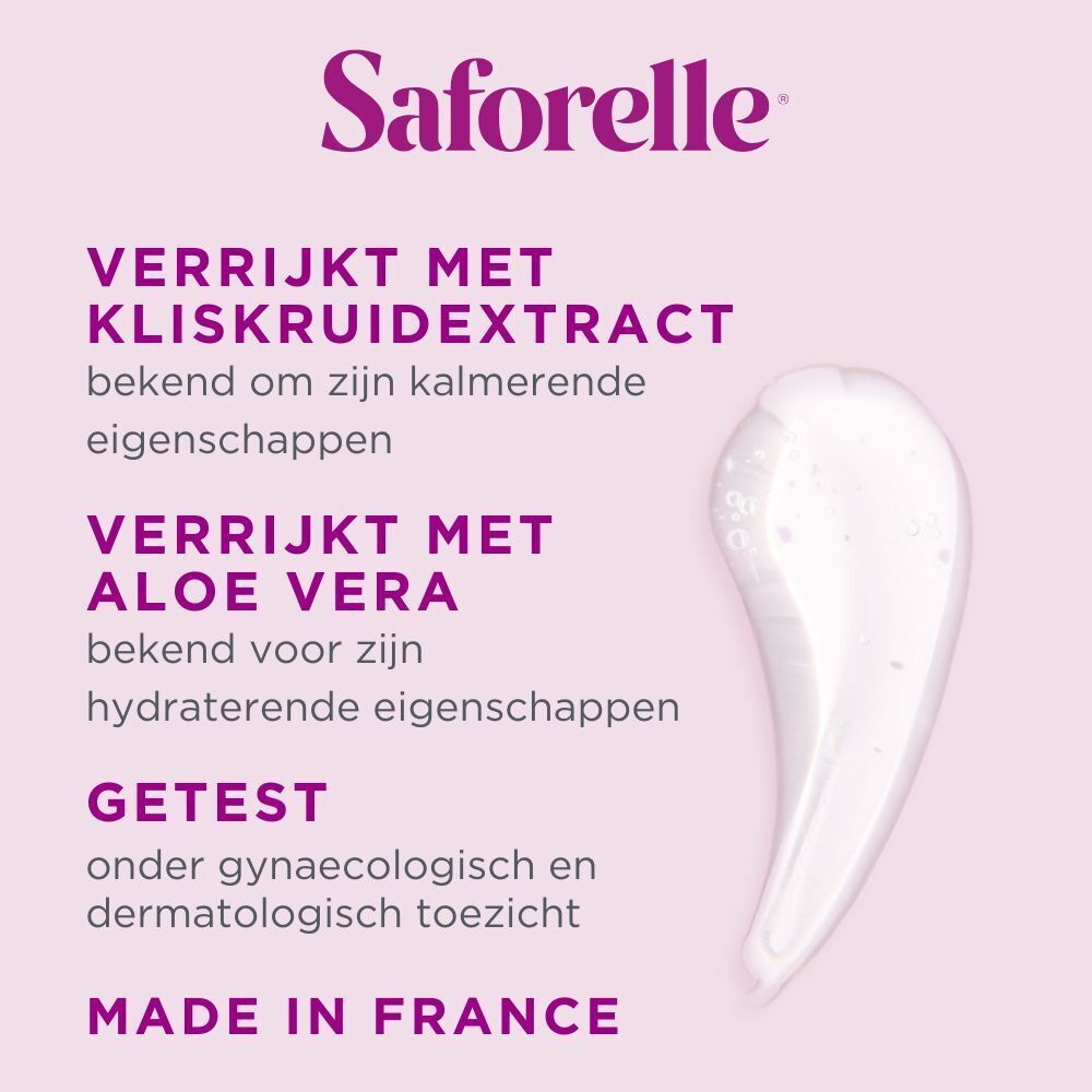 Saforelle fles. Tekst: Soin Lavant Ultra Hydratant. Voor droogheid. Met klis en aloë vera.