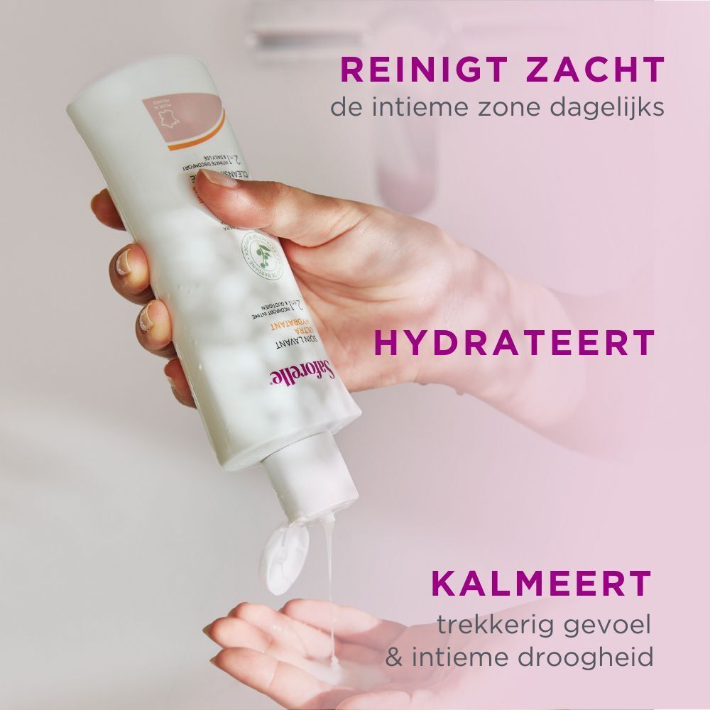 Saforelle fles en verpakking. Tekst: Soin Lavant Ultra Hydratant. Voor droogheid. 500 ml.