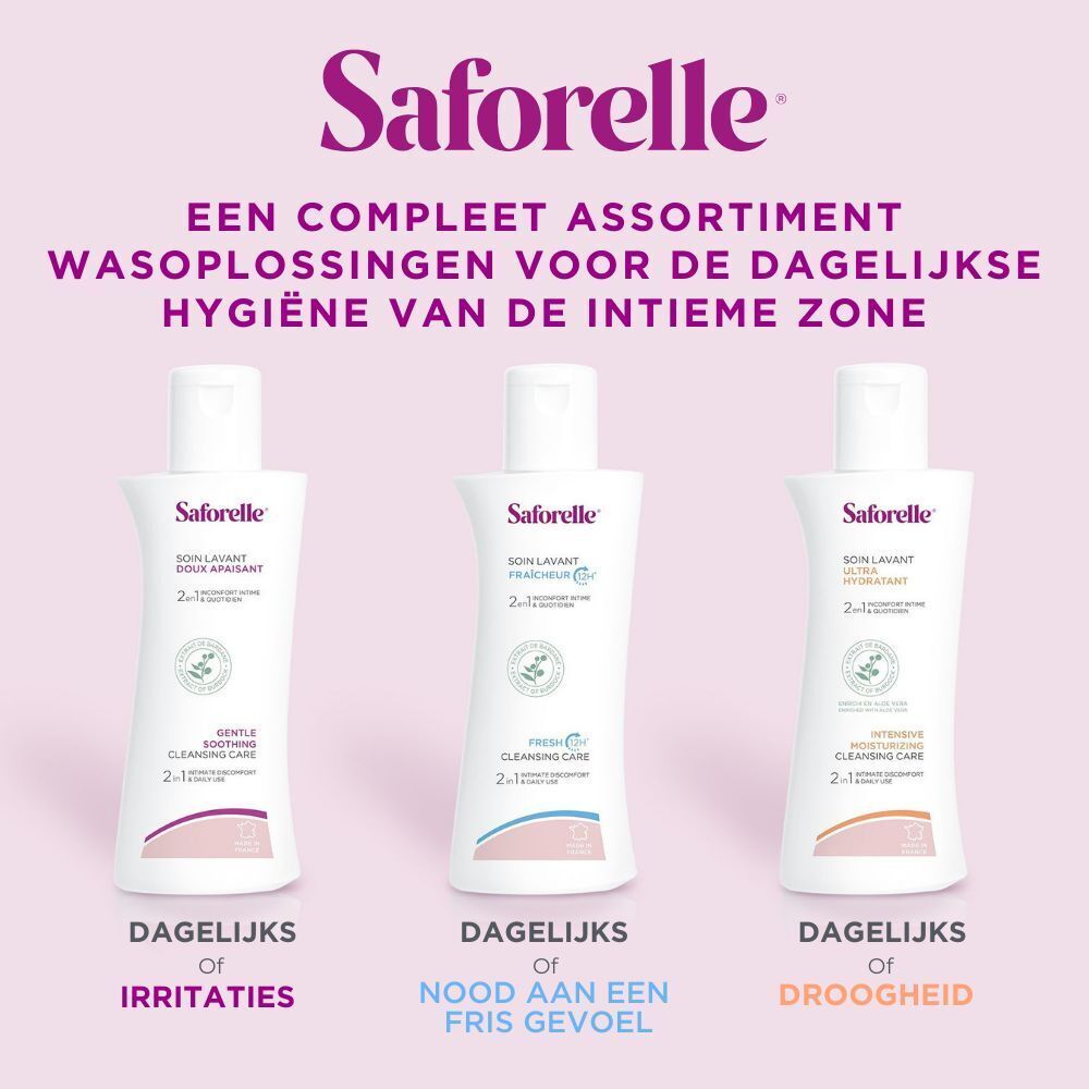 Saforelle fles en verpakking. Tekst: Soin Lavant Ultra Hydratant. Voor droogheid. 500 ml.
