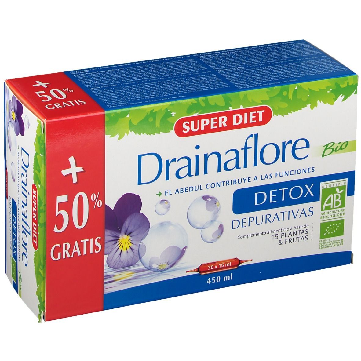 Boîte Super Diet Drainaflore Bio. Inscriptions : Detox, 15 plantes & fruits, label AB, 50% gratuit.
