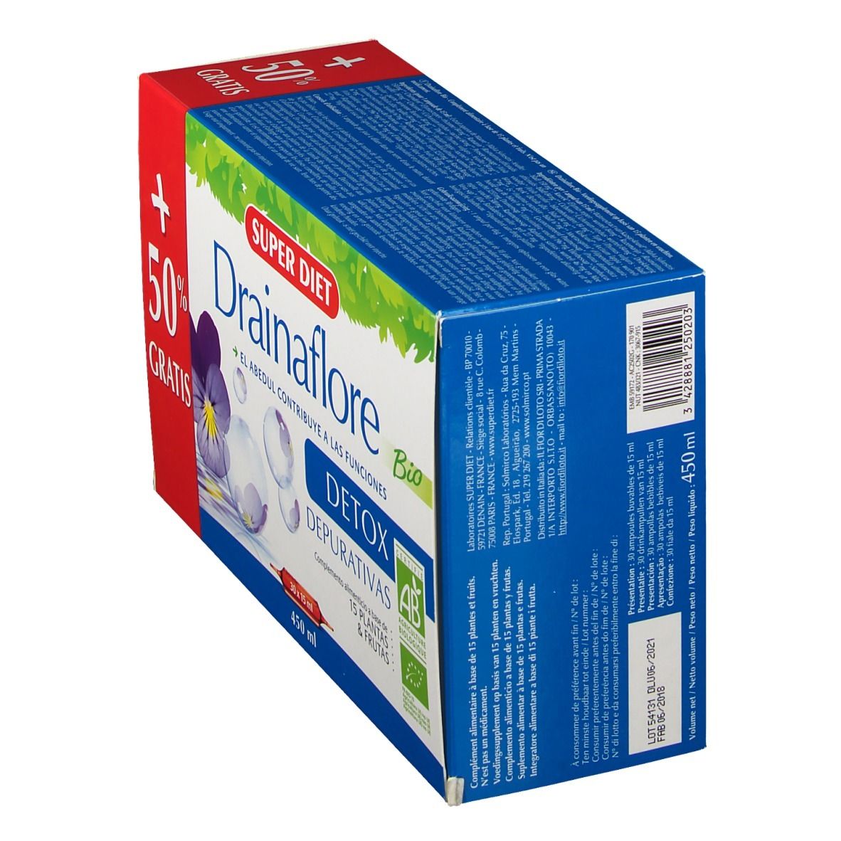 Vue oblique d'un emballage Super Diet Drainaflore Bio. Inscriptions : Detox, 15 plantes & fruits, label AB, 50% gratuit.