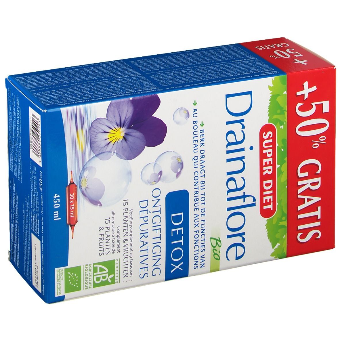 Vue oblique d'un emballage Super Diet Drainaflore Bio. Inscriptions : Detox, 15 plantes & fruits, label AB, 50% gratuit.