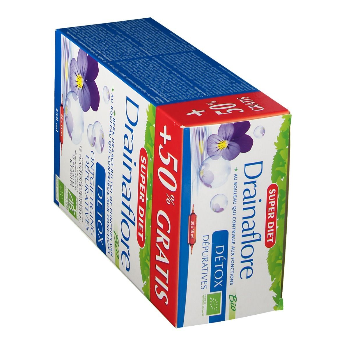 Vue oblique d'un emballage Super Diet Drainaflore Bio. Inscriptions : Detox, 15 plantes & fruits, label AB, 50% gratuit.