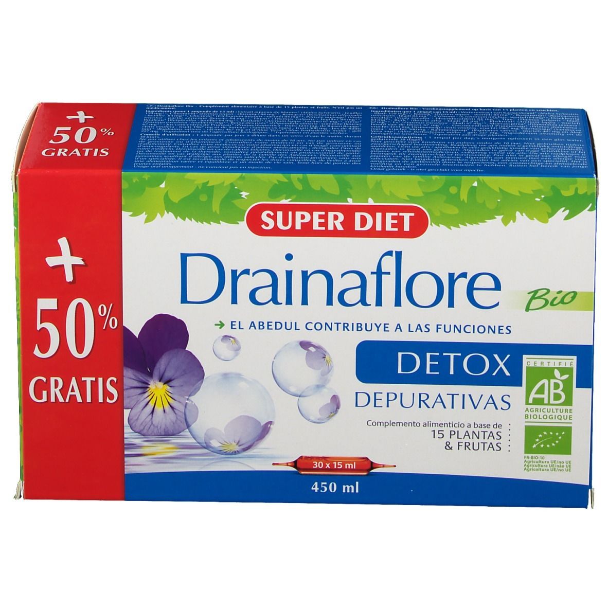 Boîte Super Diet Drainaflore Bio. Inscriptions : Detox, 15 plantes & fruits, label AB, 50% gratuit.