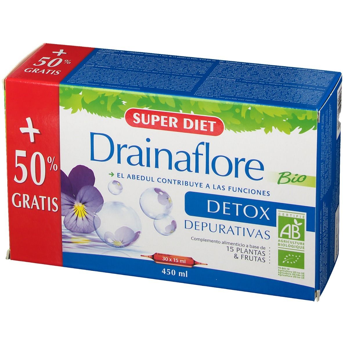 Boîte Super Diet Drainaflore Bio. Inscriptions : Detox, 15 plantes & fruits, label AB, 50% gratuit.