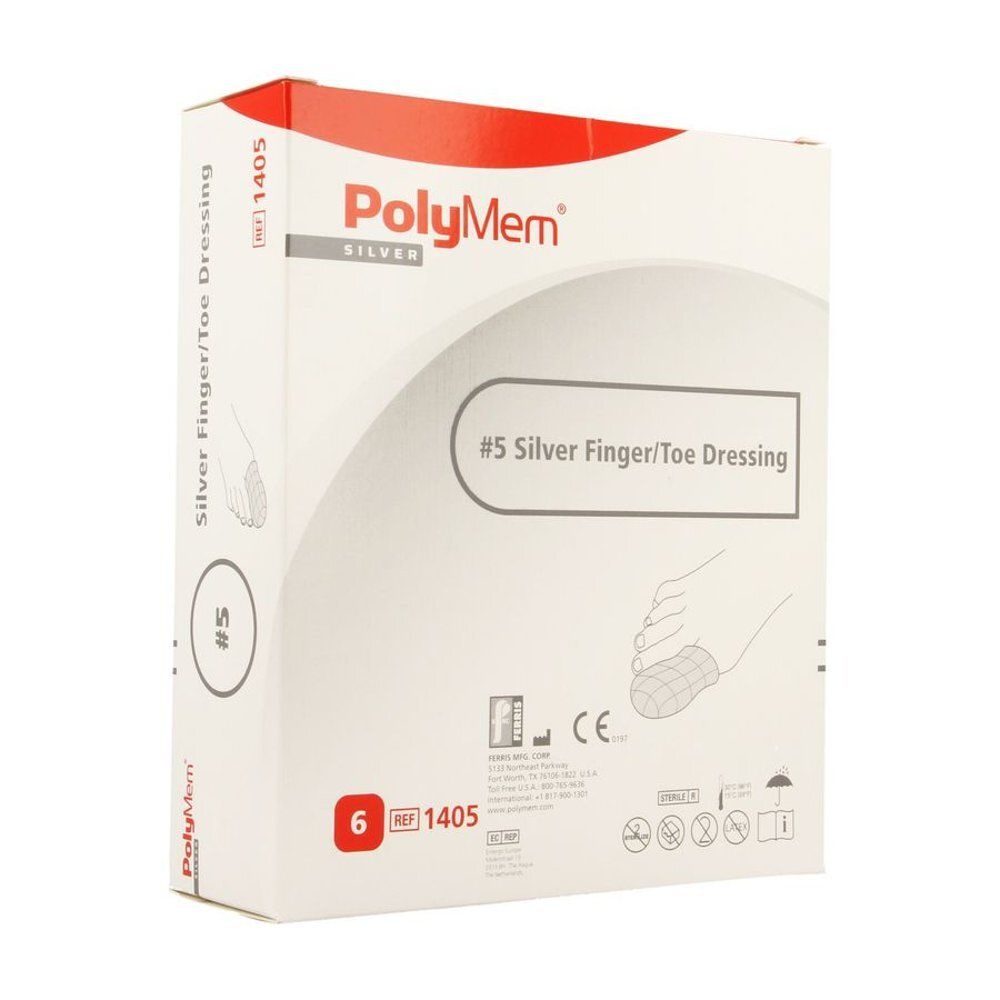 Boîte de Polymem Silver Finger/Toe Dressing. Inscription : #5 Silver Finger/Toe Dressing, 6 pièces, REF 1405. Marque CE.