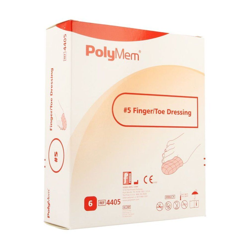 Verpakking van Polymem Finger/Toe Dressing. Opschrift: #5 Finger/Toe Dressing, 6 stuks, REF 4405. Met CE-markering.