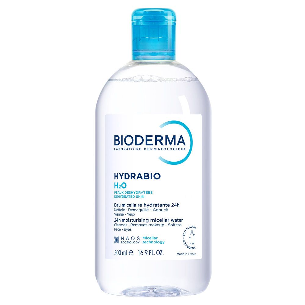 Transparante fles met blauwe dop. Etiket met BIODERMA en Hydrabio H2O. Tekst: Eau micellaire démaquillante, 500 ml.