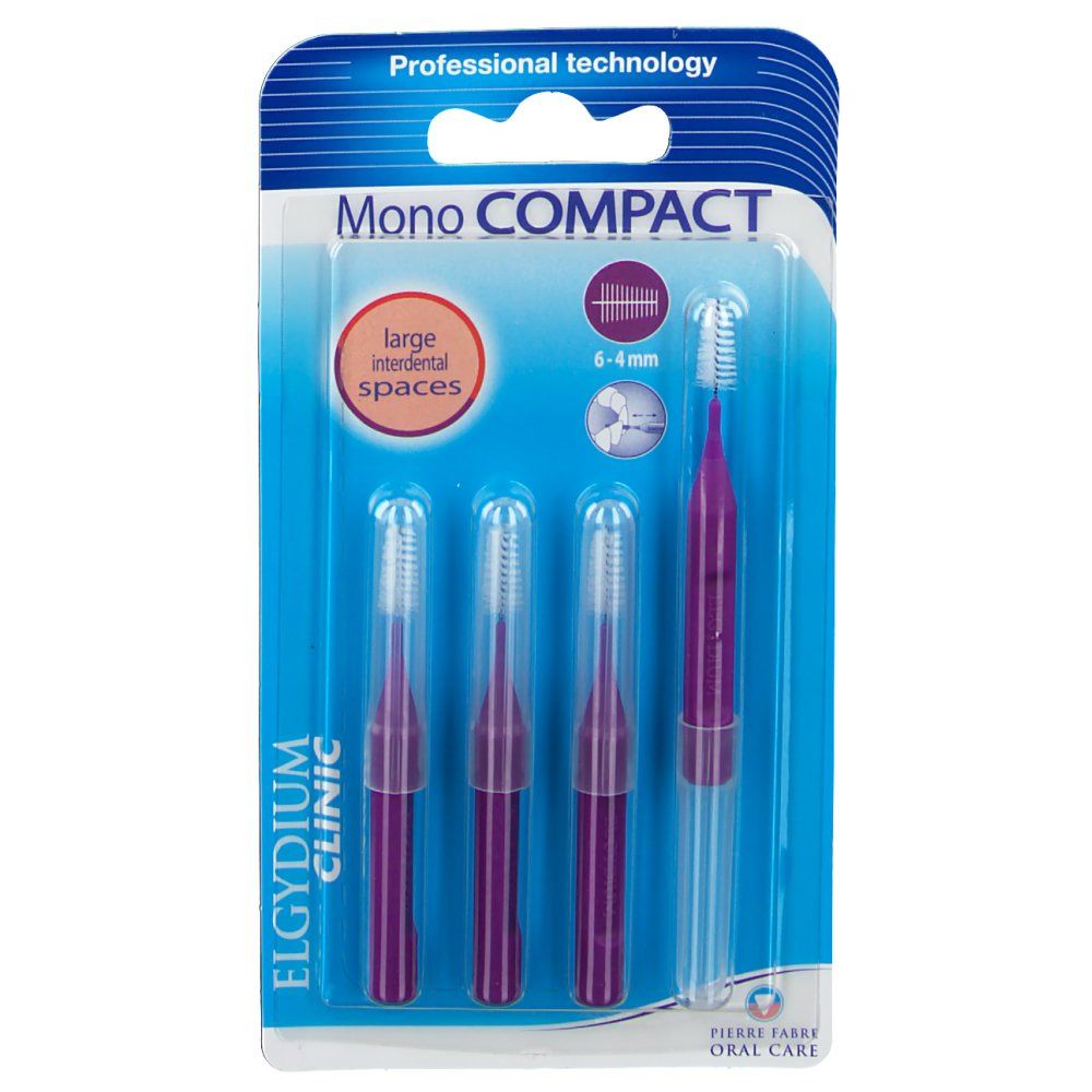 ELGYDIUM Klinik Mono Kompakt. 4 interdentale borstels in blisterverpakking. Paarse borstels, transparante doppen. Opschrift "Mono COMPACT".