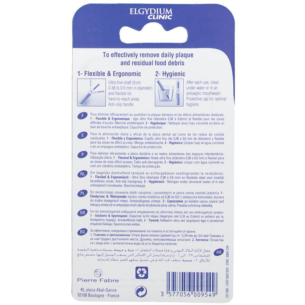 Achterkant van de verpakking van ELGYDIUM Klinik Mono Kompakt. Tekst in meerdere talen. Illustraties en gebruiksinformatie.