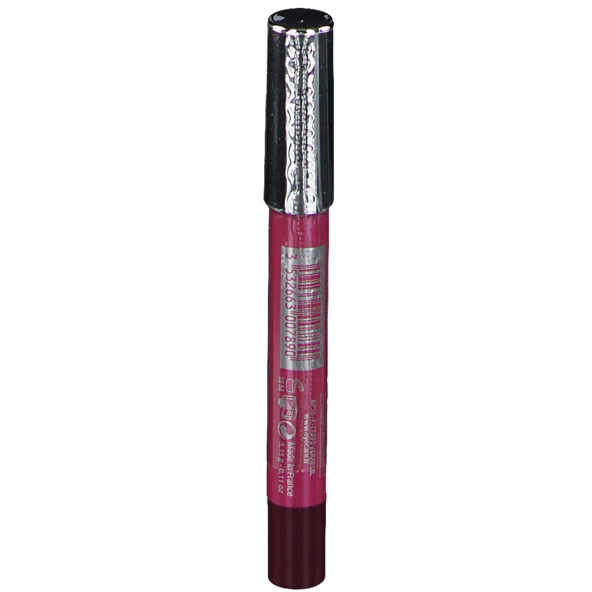 Lipstick met zilveren dop. Opschrift EYE CARE. Kleur: Muscat. Barcode op de dop.