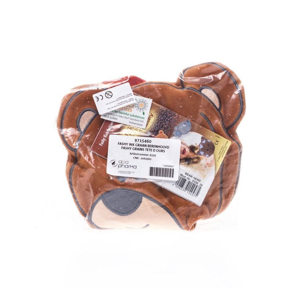 Bruine warmtekussen in de vorm van een berenkop, verpakt. Labels met productinformatie. CE-markering.